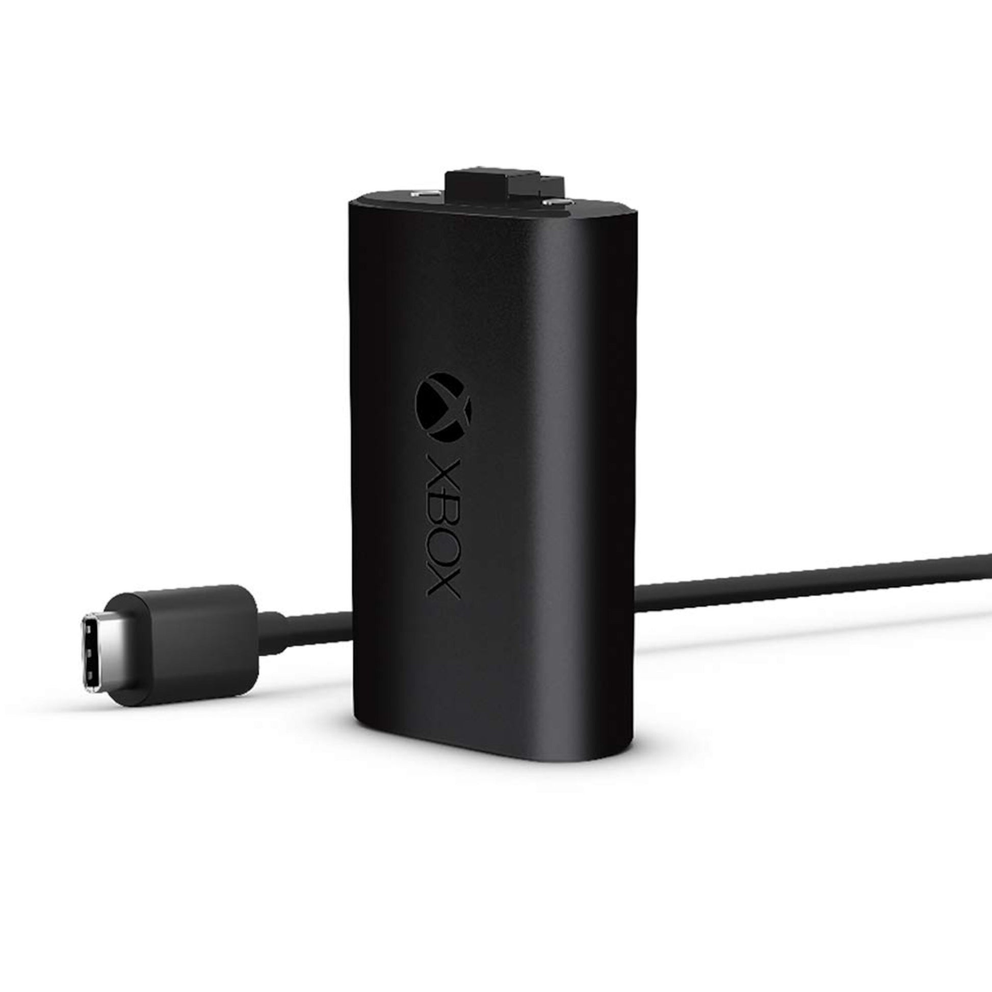 Xbox Spil og Oplad Batteripakke sort med Xbox-logo ved siden af USB-C opladerkabel, til Xbox-controller.