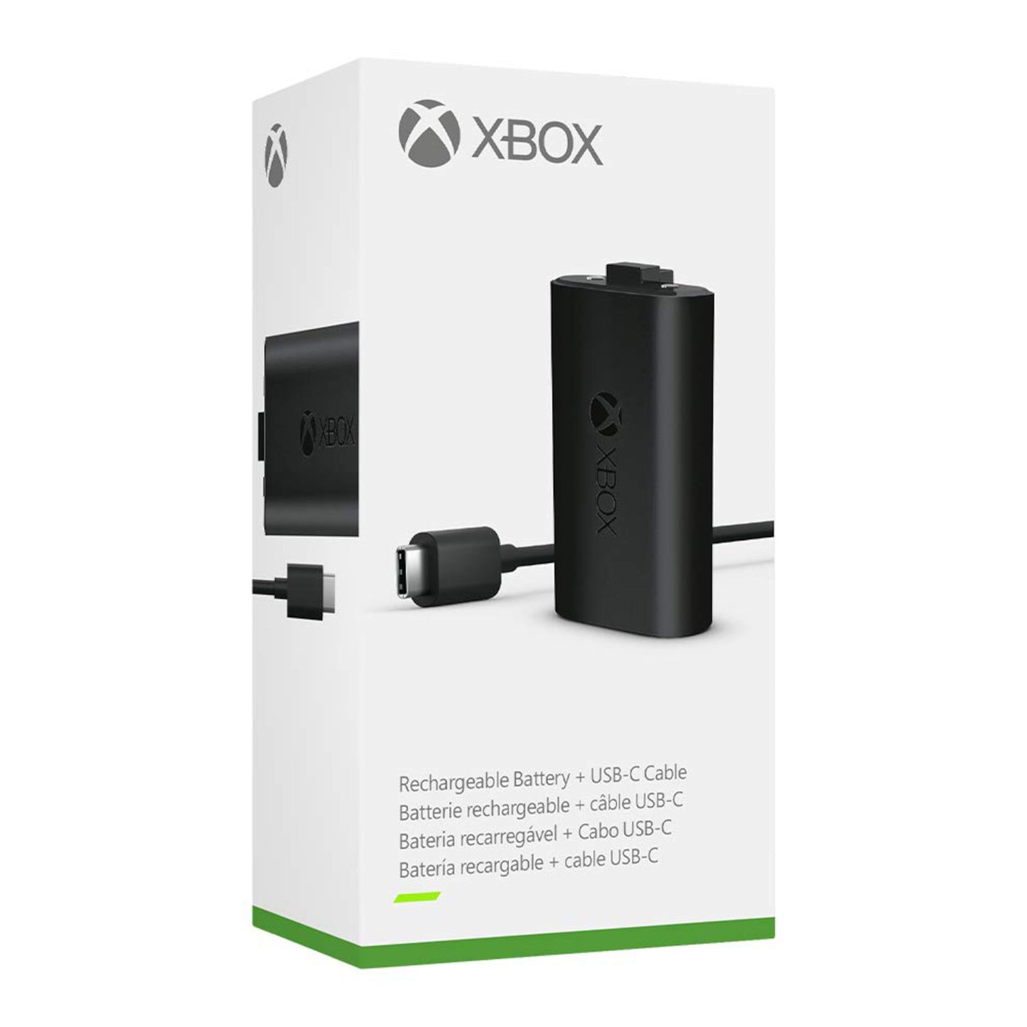 Xbox Spil og Oplad Batteripakke æske med billede af genopladeligt batteri, USB-C kabel og Xbox logo.