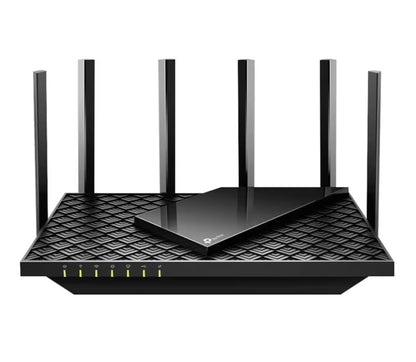 TP-Link Archer AX73 Wi-Fi 6 router, sort, seks antenner, diamantmønster, fem LED-lys foran, logo øverst.