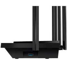 TP-Link Archer AX73 sort Wi-Fi 6 dual band router, fire antenner, bagfra med blå USB-port og gigabit-stik.