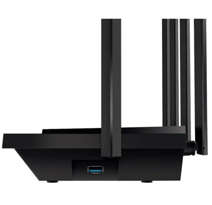 TP-Link Archer AX73 sort Wi-Fi 6 dual band router, fire antenner, bagfra med blå USB-port og gigabit-stik.