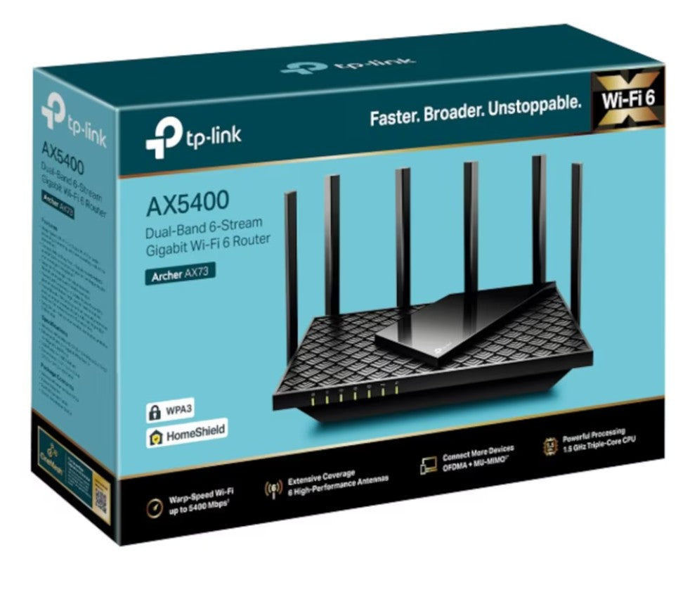 TP-Link Archer AX73 Wi-Fi 6 router med seks antenner, WPA3-sikkerhed og understøttelse af flere enheder.