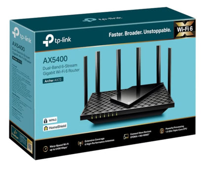 TP-Link Archer AX73 Wi-Fi 6 router med seks antenner, WPA3-sikkerhed og understøttelse af flere enheder.