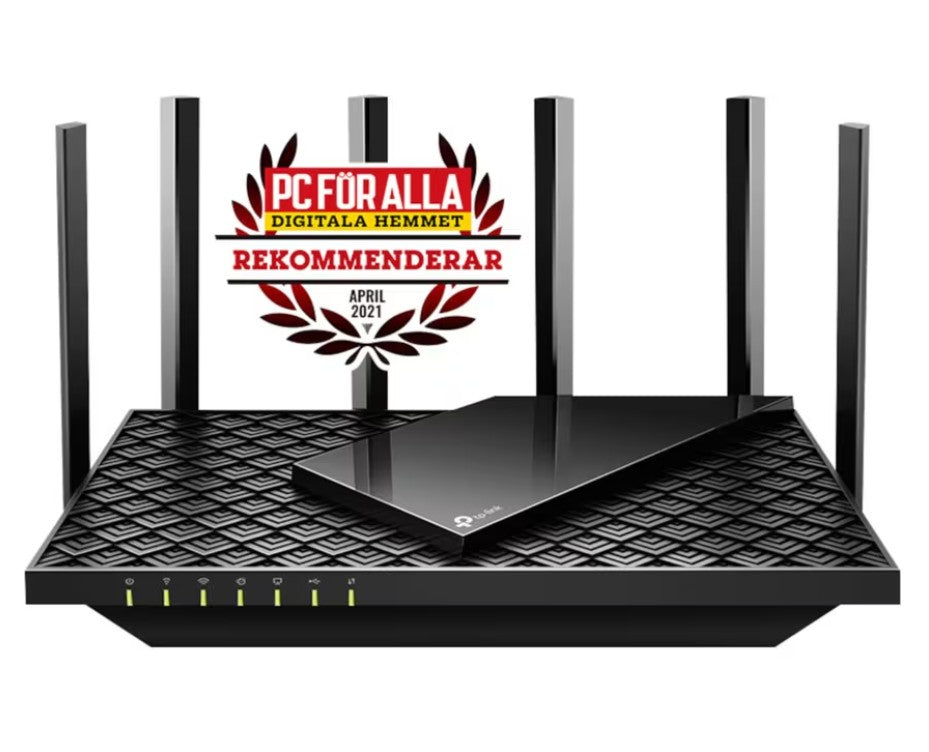 Tp-Link Archer AX73 sort Dual Band Gigabit Wi-Fi 6 router med seks antenner, digitalt badge "PC FÖR ALLA Digitala Hemmet.