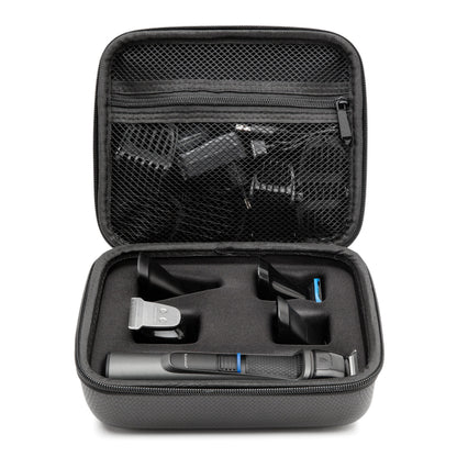 Rubicson Multitrimmersæt i sort hardcase med mesh-rum til tilbehør og formstøbt plads til skægtrimmer og dele.