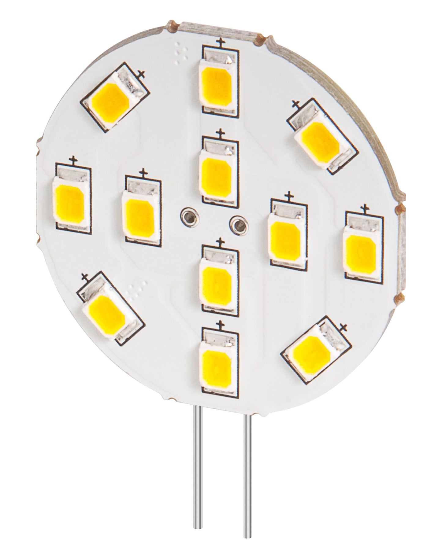 LED-modul G4 230 lm med ti gule LED-chips i cirkel og to metalben til el-tilslutning, varm hvid lysfarve.