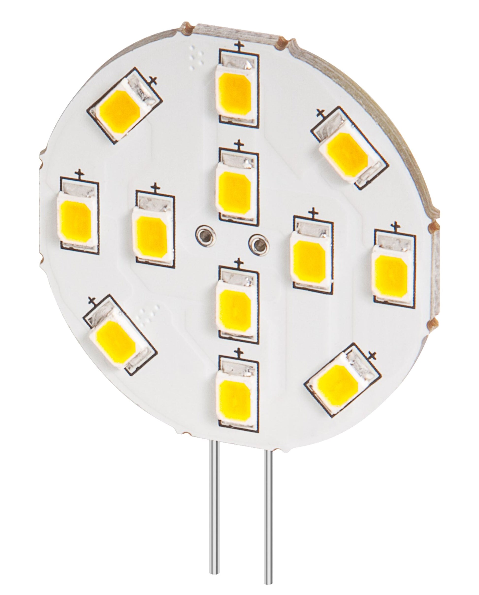 LED-modul G4 230 lm med ti gule LED-chips i cirkel og to metalben til el-tilslutning, varm hvid lysfarve.