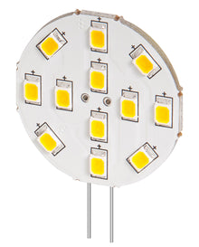 LED-modul G4 230 lm med ti gule LED-chips i cirkel og to metalben til el-tilslutning, varm hvid lysfarve.