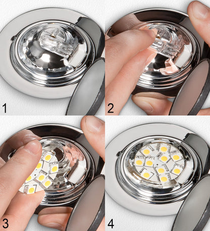 Udskiftning af runde halogenpærer i sølvfatning med Goobay LED-modul G4 230 lm, trin 1-4 vises tydeligt.
