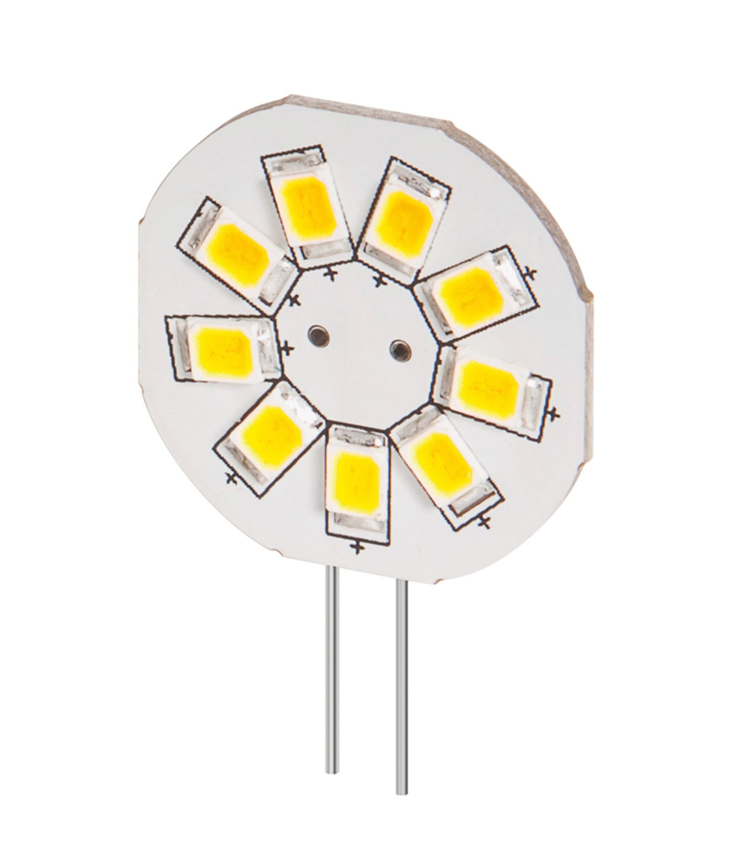 LED-modul G4 150 lm, rund, 8 gule LED'er på hvid base, to stikben til 12V, varmhvidt lys.