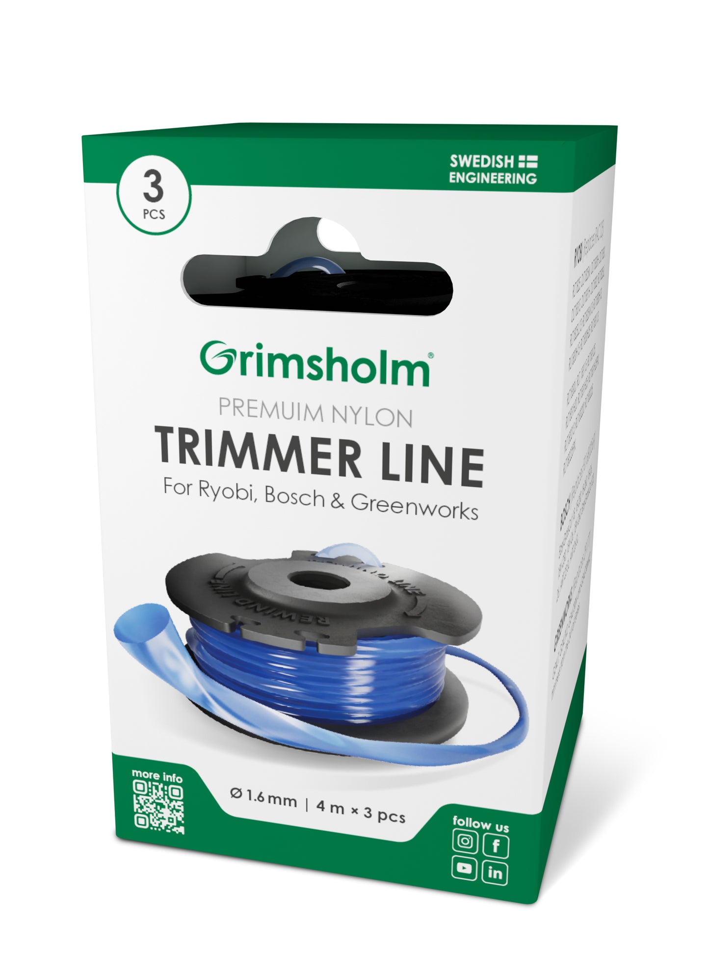 Grimsholm Premium Trimmertråd 1,6 mm, passer til Ryobi, Bosch, Greenworks, blå nylonspole, "3 PCS" på pakken.