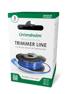 Grimsholm Premium Trimmertråd 1,6 mm, passer til Ryobi, Bosch, Greenworks, blå nylonspole, "3 PCS" på pakken.