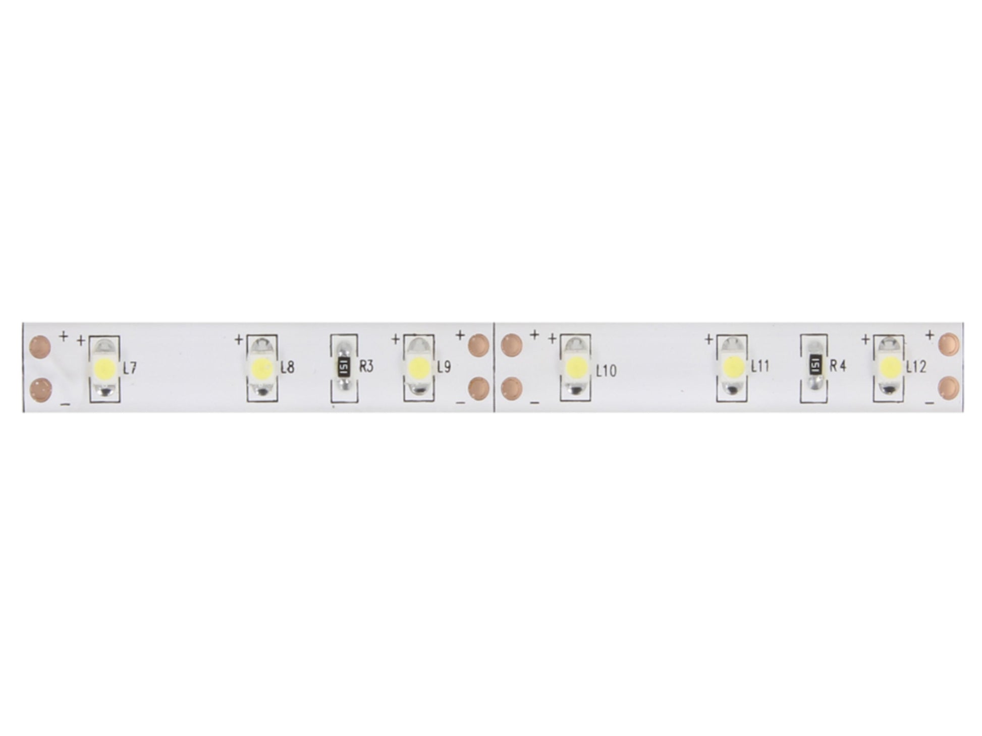 Ledsavers LED-strip Hvid 3m, tæt på med synlige enkelte LED'er, modstande og kobberkontakter på fleksibelt print.