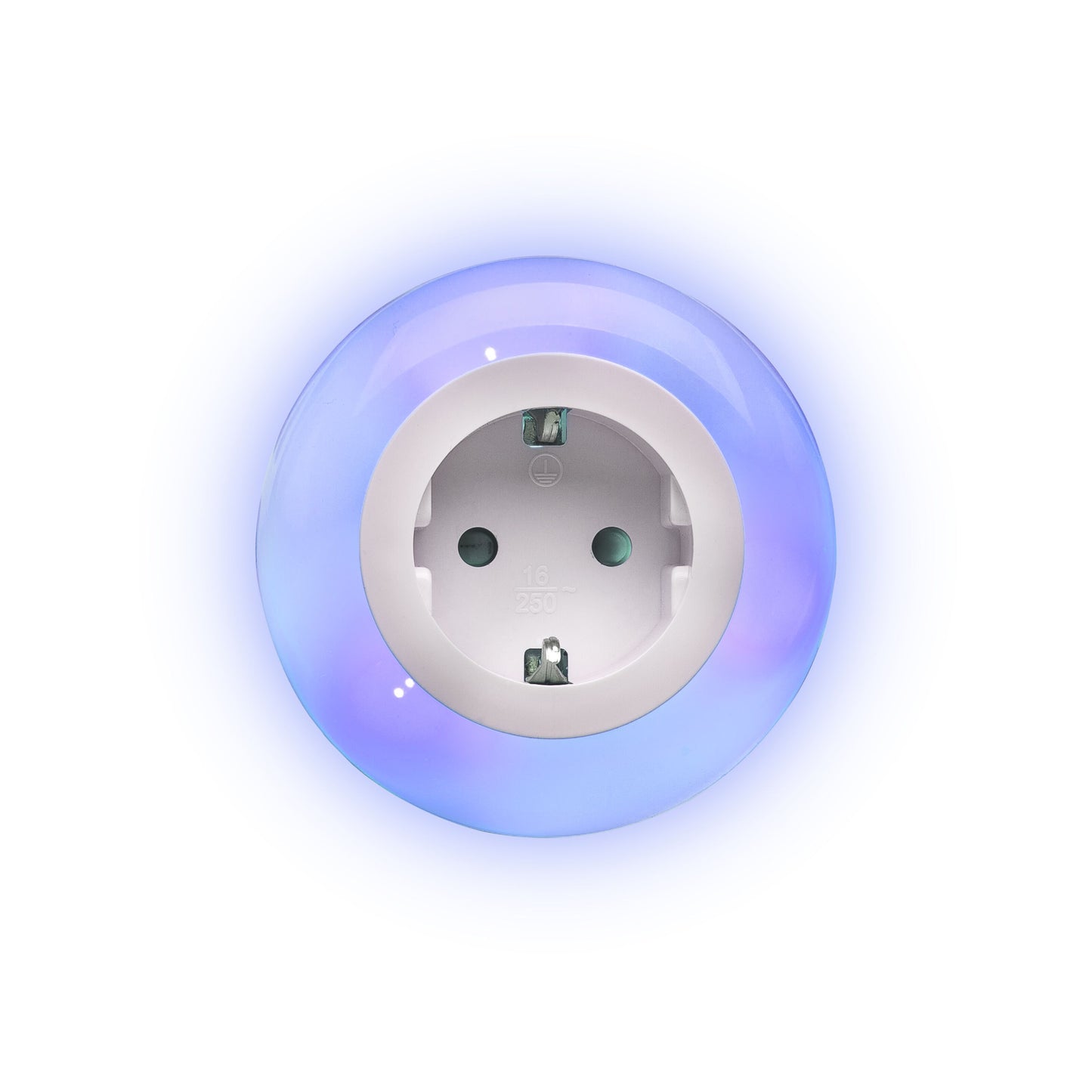 Ledsavers Natlampe rund EU stikkontakt med indbygget natlys og blå lys, set forfra.