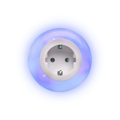 Ledsavers Natlampe rund EU stikkontakt med indbygget natlys og blå lys, set forfra.