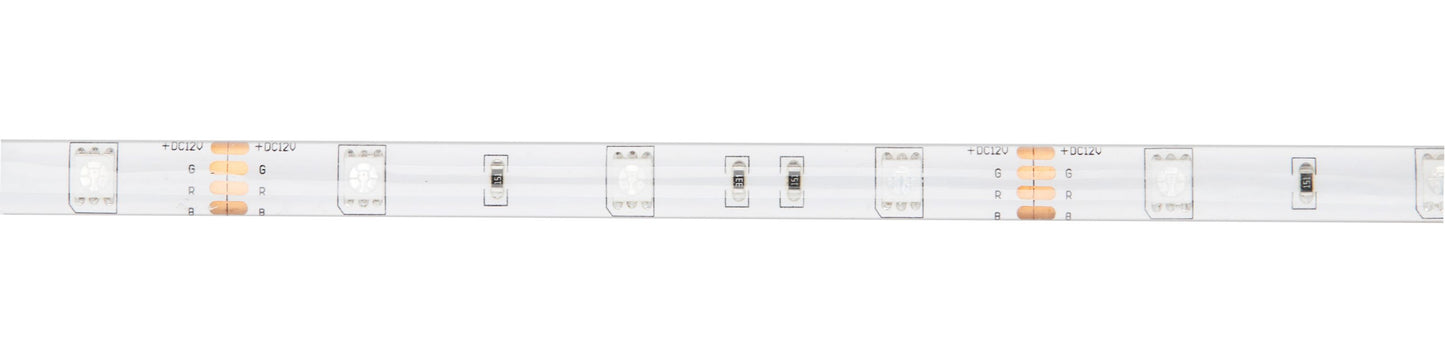 Luxorparts LED-stribe RGB 5 m med stik, spændingsangivelse og synlige komponenter.