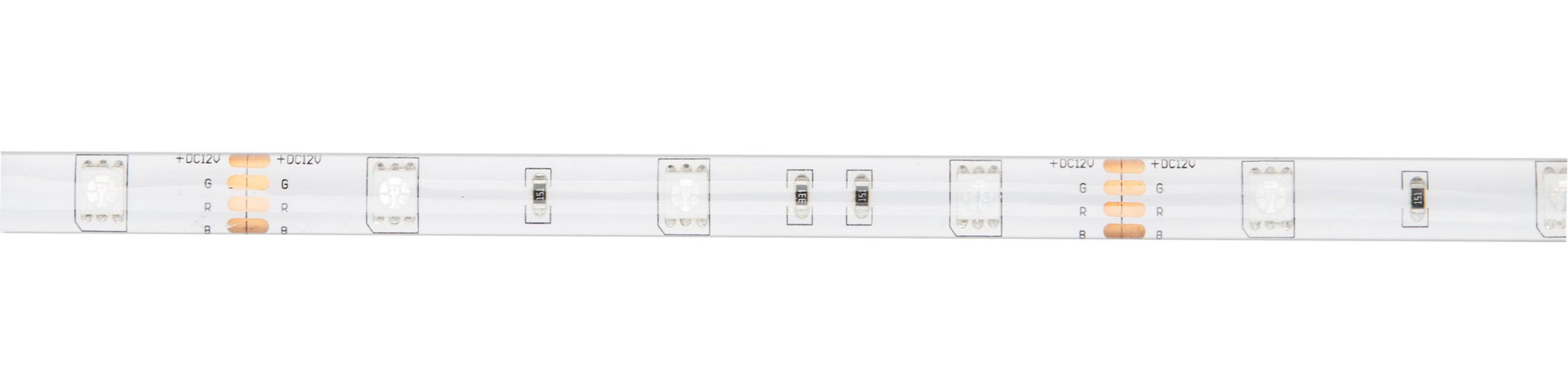 Luxorparts LED-stribe RGB 5 m med stik, spændingsangivelse og synlige komponenter.