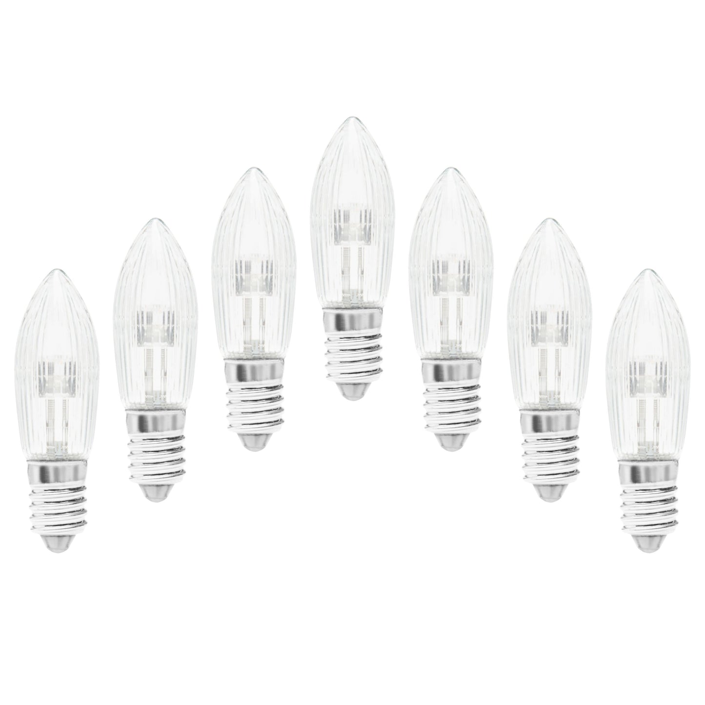 LED reservelampe 7-pak til adventsstager, stearinlysformet, klar pære, sølv E10-fatning.