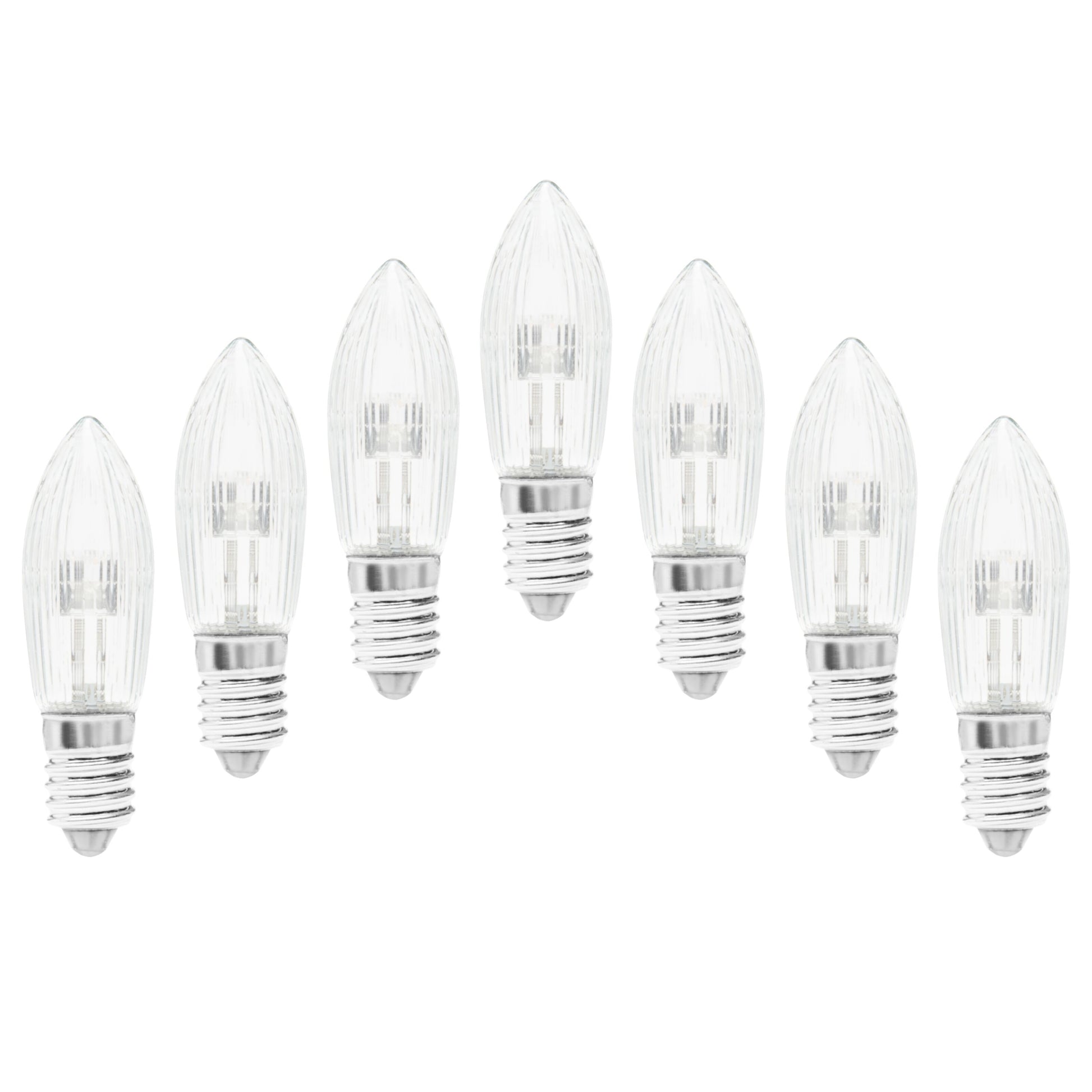 LED reservelampe 7-pak til adventsstager, stearinlysformet, klar pære, sølv E10-fatning.