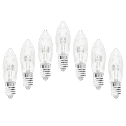 LED reservelampe 7-pak til adventsstager, stearinlysformet, klar pære, sølv E10-fatning.