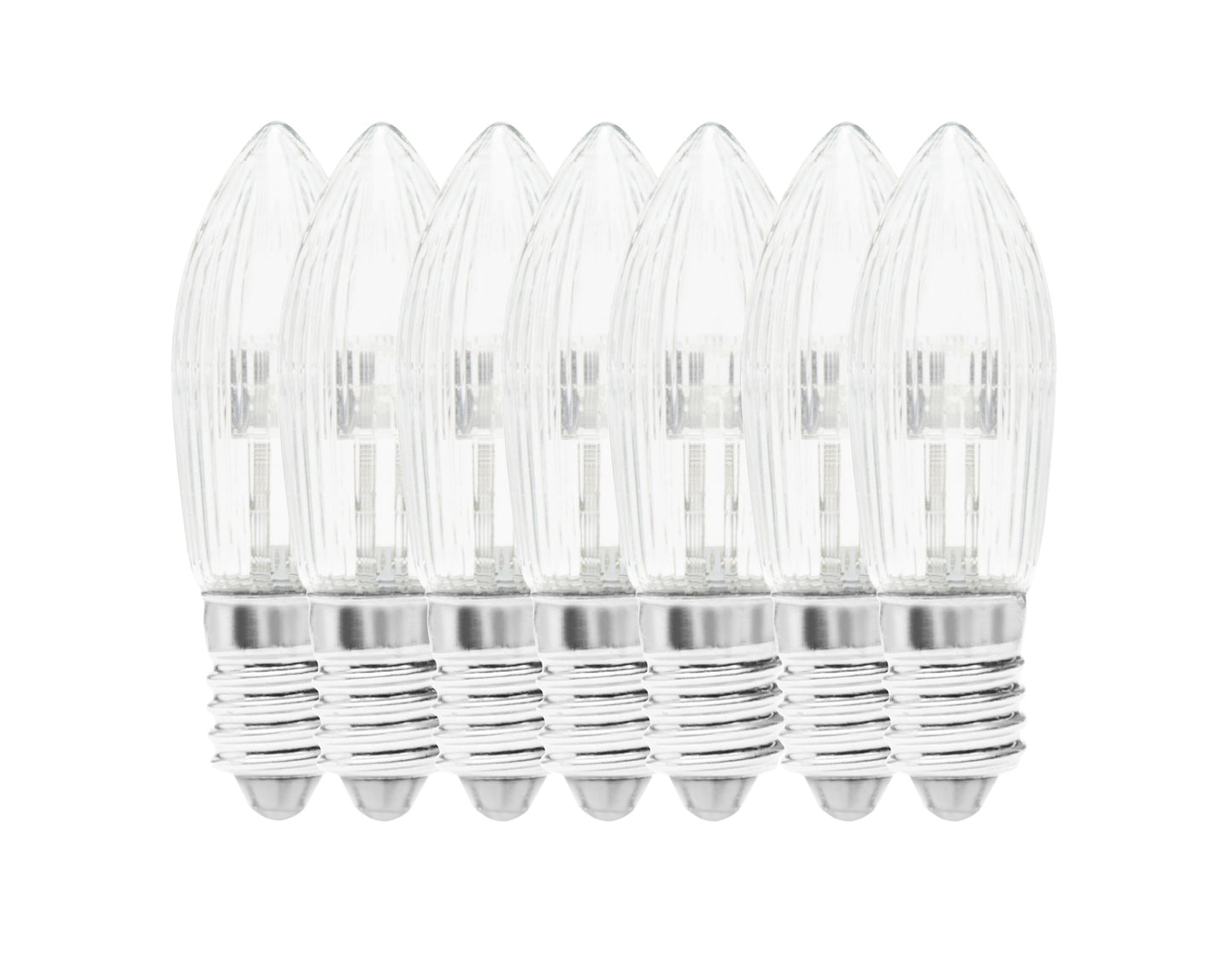 Ledsavers LED reservelampe til adventsstager, 7 pak, klare flammeformede pærer med E10 fatning og sølvfarvet sokkel.