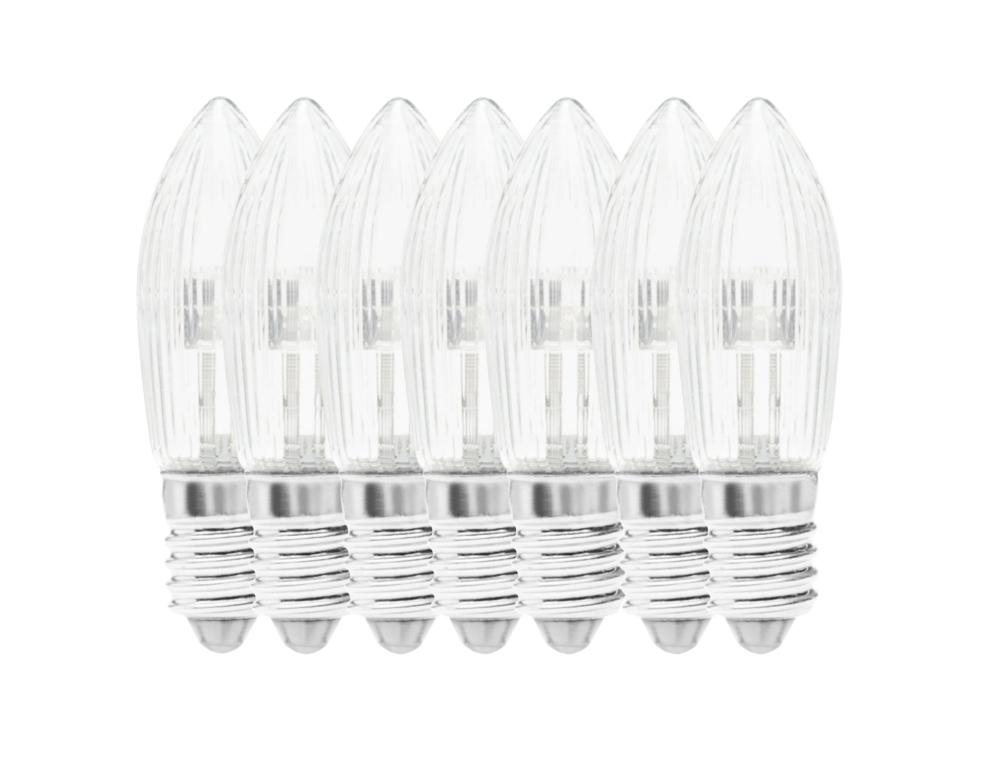 Ledsavers LED reservelampe til adventsstager, 7 pak, klare flammeformede pærer med E10 fatning og sølvfarvet sokkel.