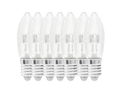 Ledsavers LED reservelampe til adventsstager, 7 pak, klare flammeformede pærer med E10 fatning og sølvfarvet sokkel.