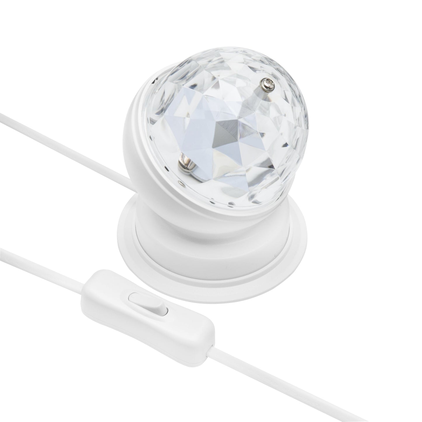 Ledsavers Diskolampe 230 V, hvid facetslebet kuppel, klar top og bund, hvid ledning med afbryder til LED-effekter.