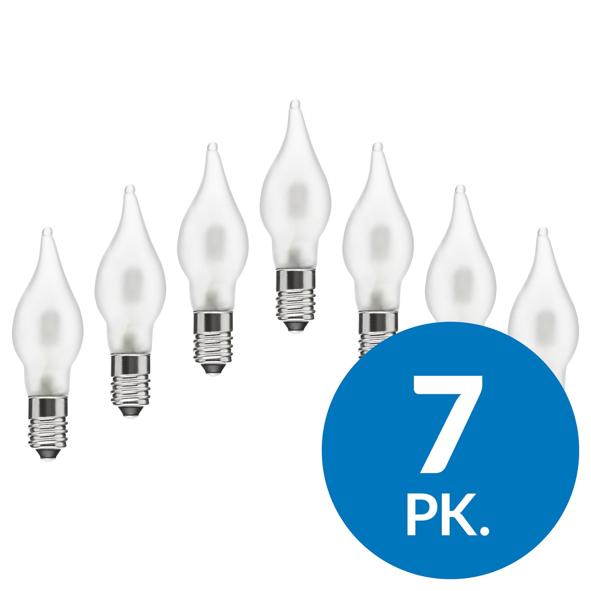 Frostet LED reservepære til adventslysestager, 7-pak, tydelig blå cirkel med "7 PK.