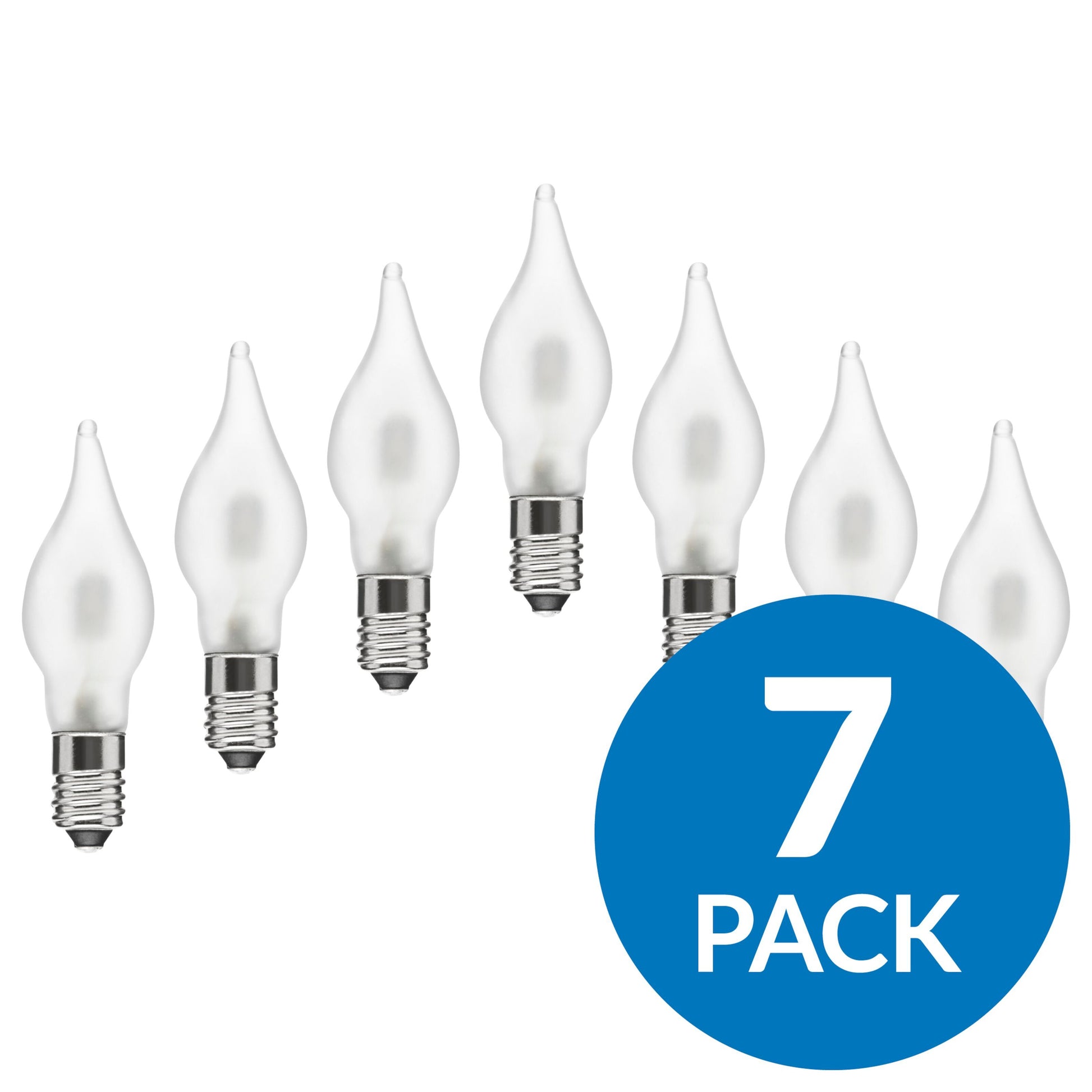 Ledsavers Frostet LED reservepære til adventslysestage E10 7-pak, blåt hjørnemærke med "7 PACK" i hvid tekst.