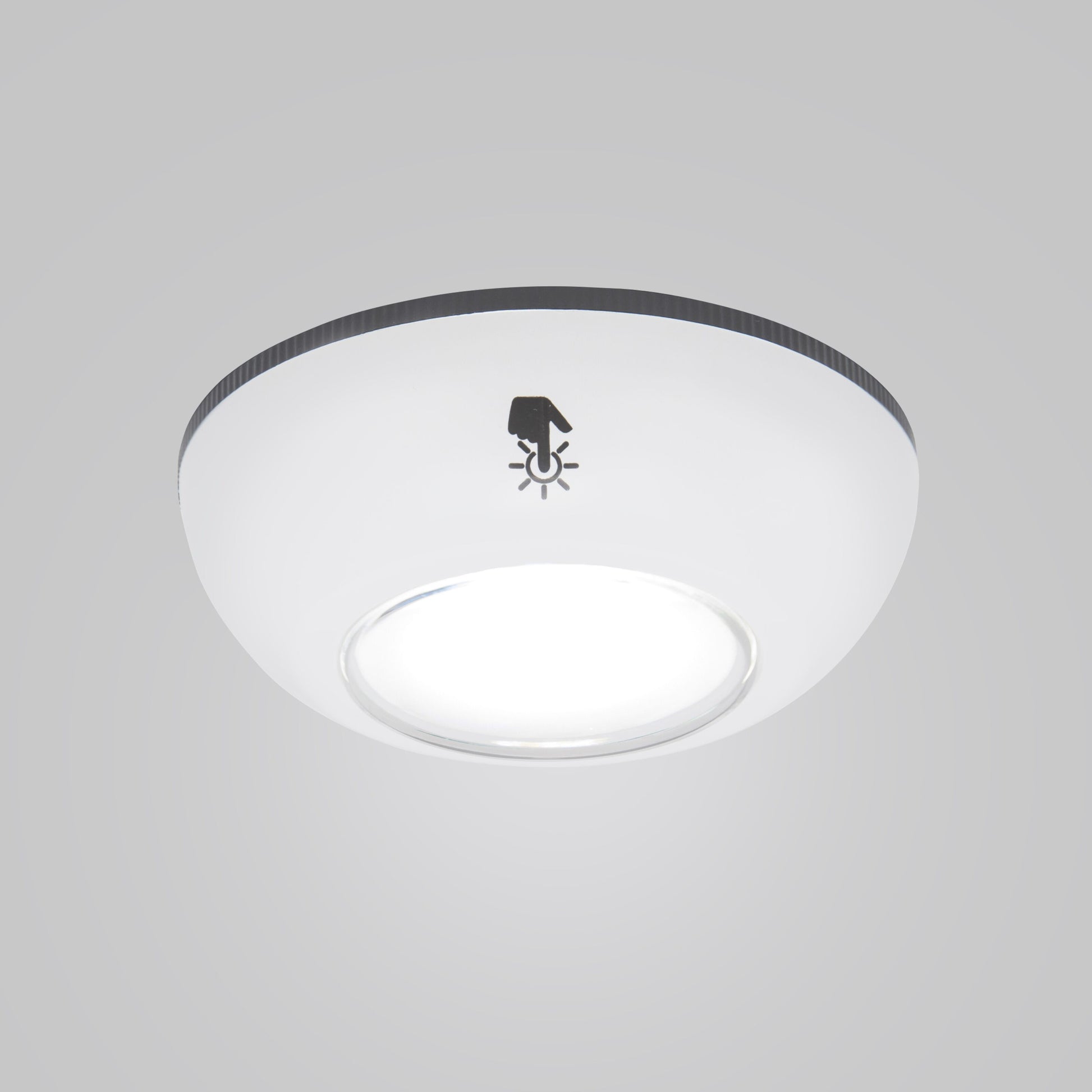 Rubicson Touch LED-spot 2-pakke rund hvid loftslampe med lysende midte og ikon af hånd mod pære for touchstyring.