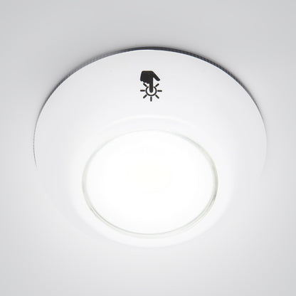 Rubicson Touch LED-spot 2-pak tændt, sort håndtryk-ikon, selvklæbende montering, neutral baggrund.