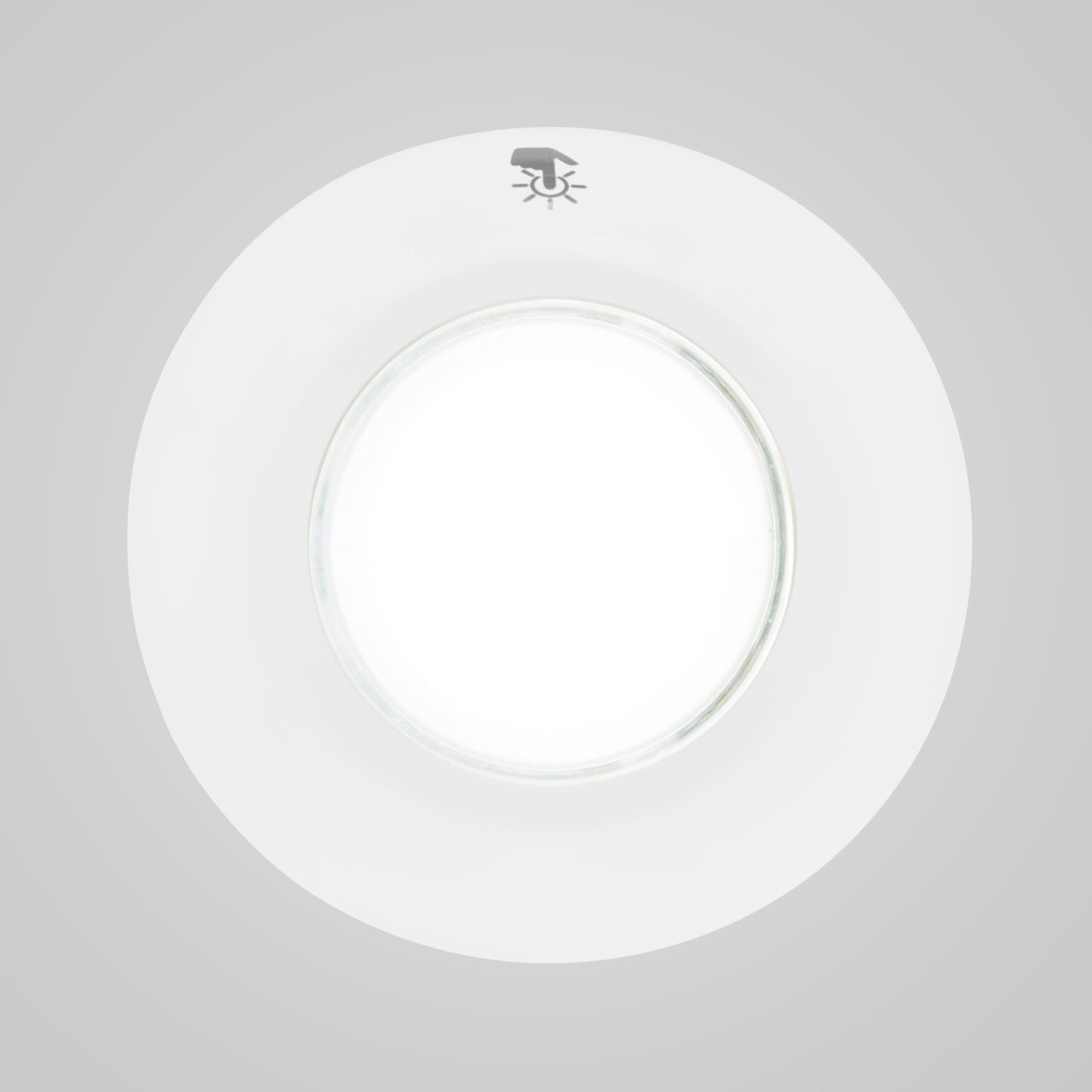 Rubicson Touch LED-spot, rund hvid model med grå kant og ikon øverst med hånd der rører en pære.