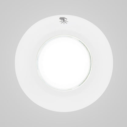 Rubicson Touch LED-spot, rund hvid model med grå kant og ikon øverst med hånd der rører en pære.