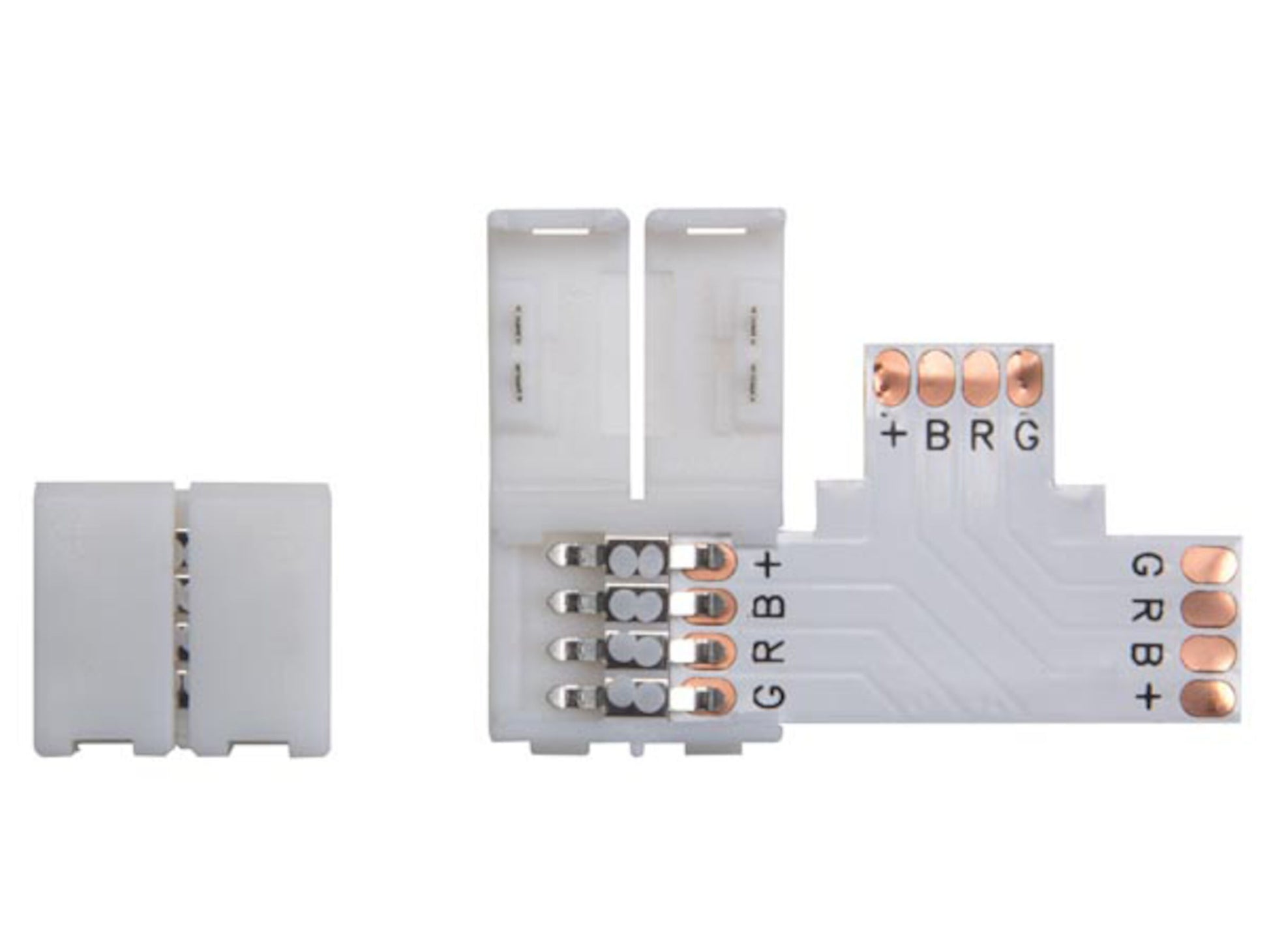 Samlemuffe til 10 mm RGB LED-strips, hvid, synlige kobberkontakter (+, B, R, G), vises fra side og top.