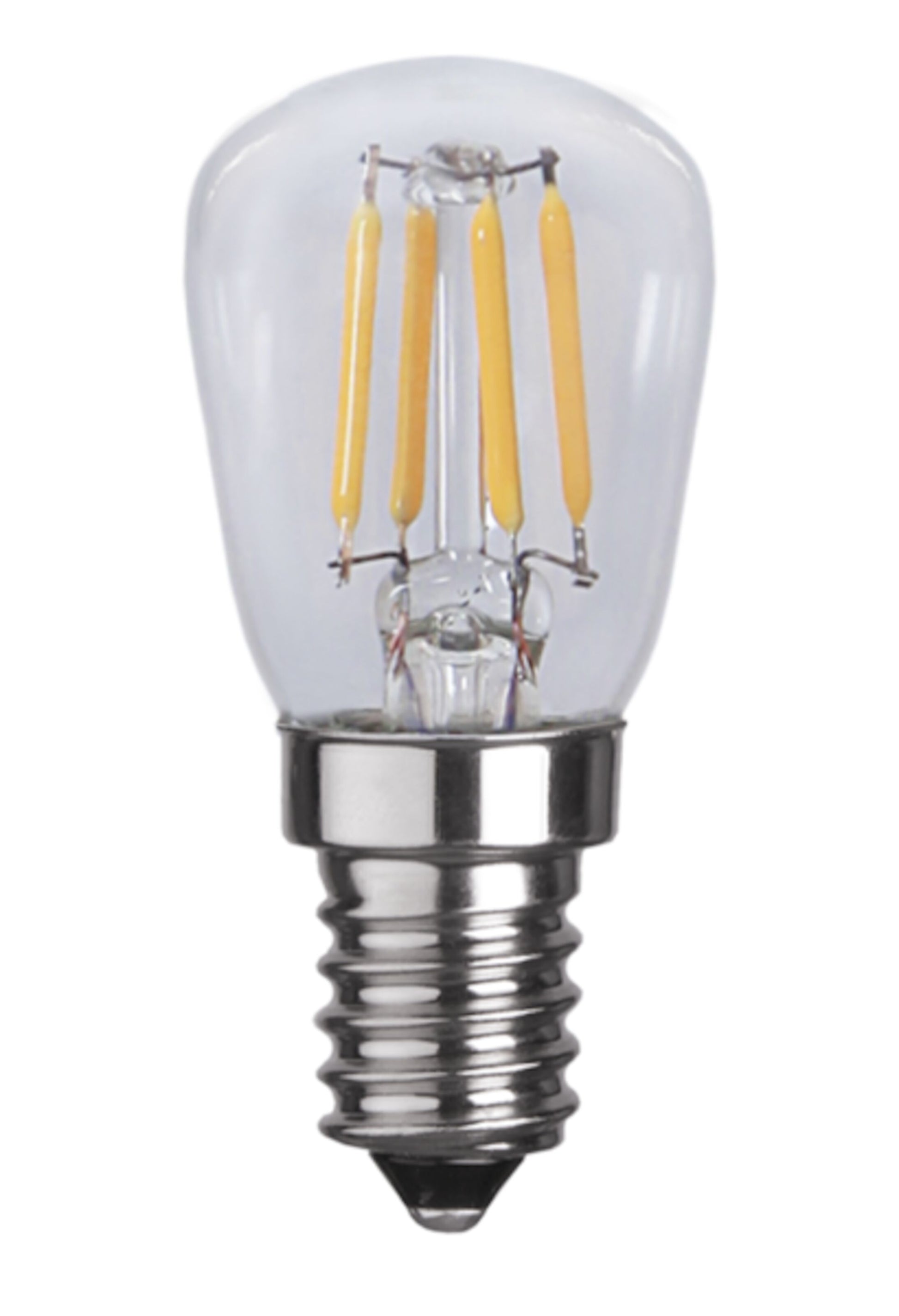 Dæmpbar LED-pære E14 250 lm, klart glas, synlige gule filamenter, metallisk skruesokkel.