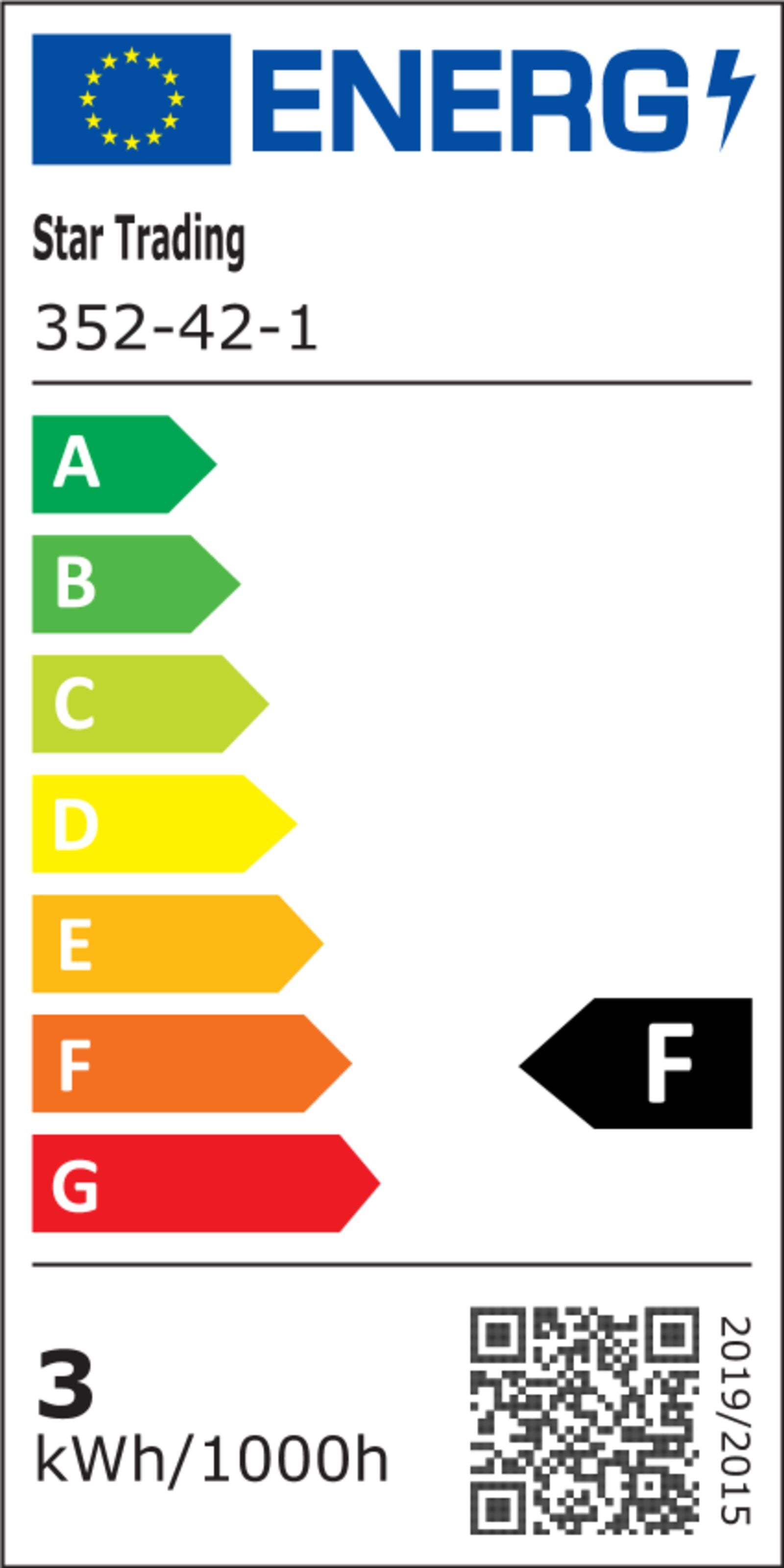 EU energimærke for Star Trading dæmpbar LED-pære E14 250 lm, klasse F pil vist, 3 kWh/1000h, QR-kode og serienr. 201942015.