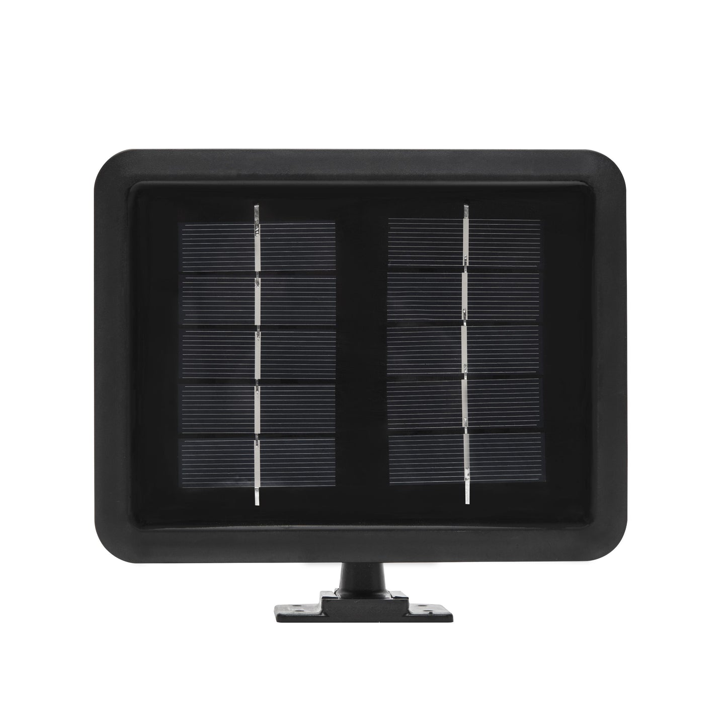 Solcelledrevet LED-flomlys 500 lm sort rektangulær udendørslampe med to lodrette solcelle-rækker på sort beslag.