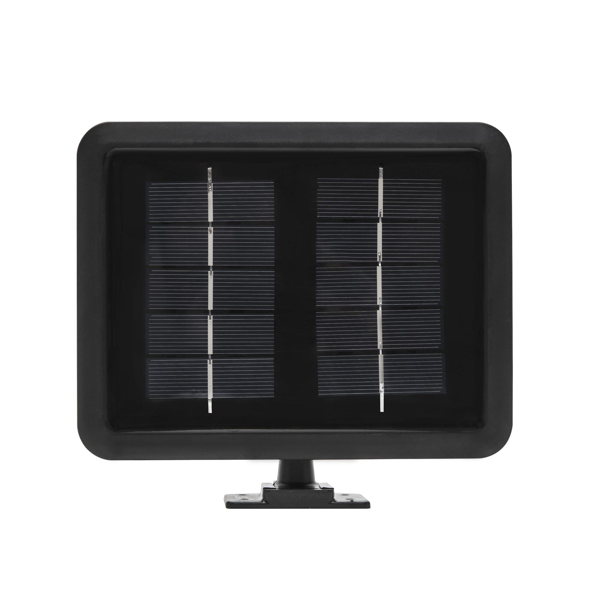 Solcelledrevet LED-flomlys 500 lm sort rektangulær udendørslampe med to lodrette solcelle-rækker på sort beslag.