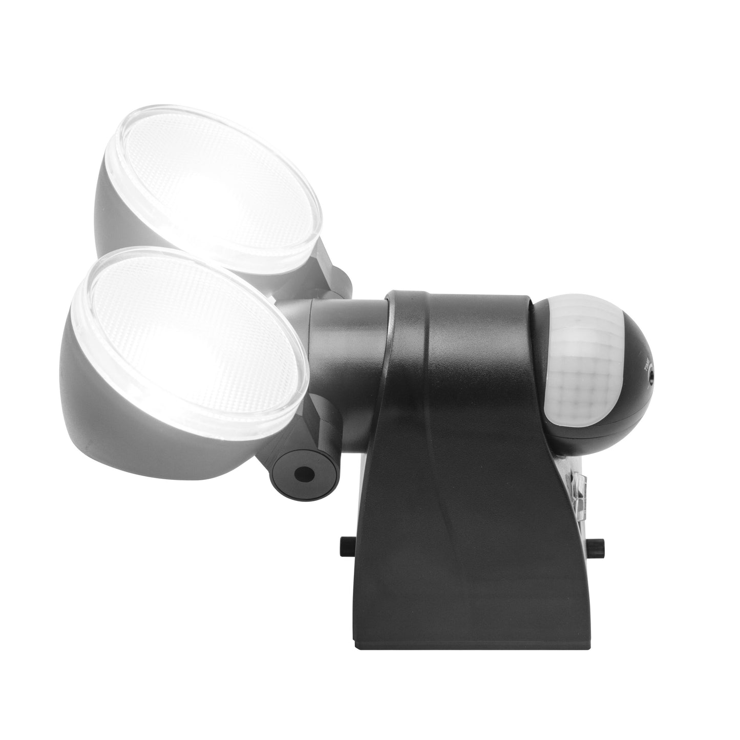 Luxorparts solcelledrevet LED-flomlys 500 lm med to LED-hoveder, bevægelsessensor og sort beslag til udendørs brug.