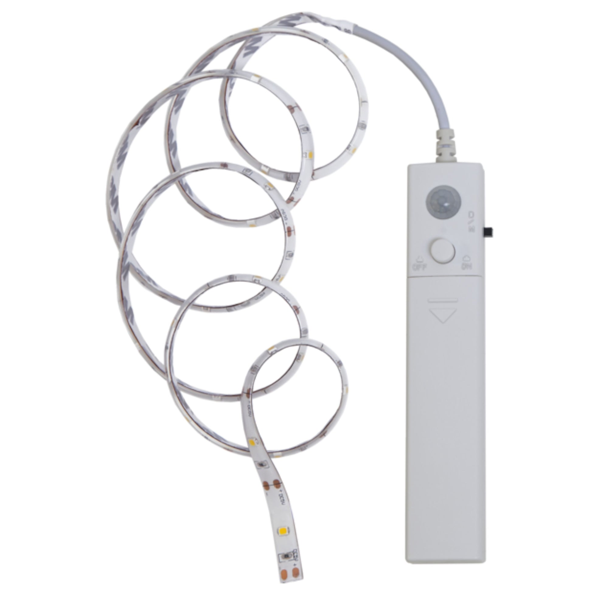 Luxorparts LED-list skabsbelysning 1m, batteridrevet, varm hvid spiral LED, bevægelsessensor, kontrolknap.