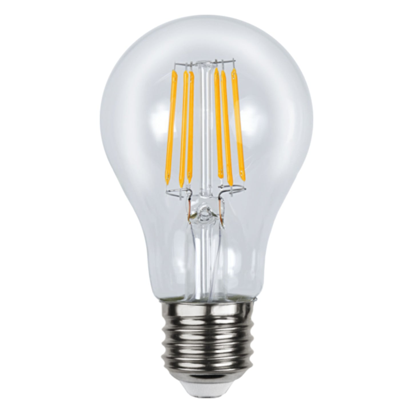 LED-pære E27 12-24V 450 lm, synlige gule filamenter, sølv skruefatning, kompatibel med lavvoltssystem.