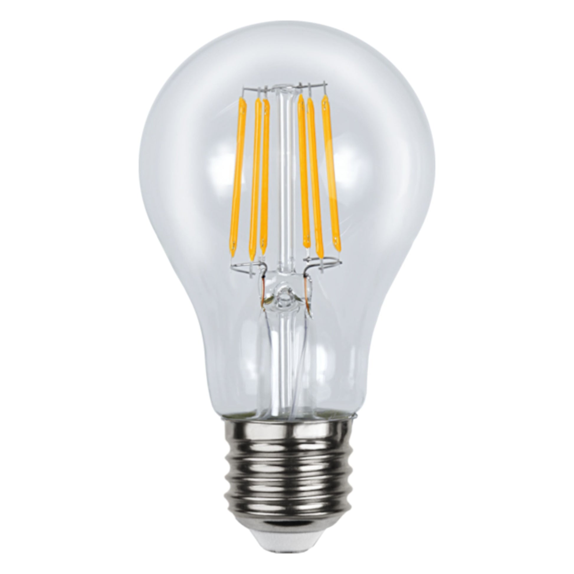LED-pære E27 12-24V 450 lm, synlige gule filamenter, sølv skruefatning, kompatibel med lavvoltssystem.