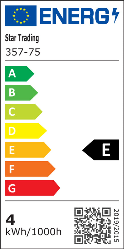 EU energimærke til Star Trading LED-pære E27 12-24V 450 lm E-rating A-G skala, 4 kWh/1000h, QR-kode.