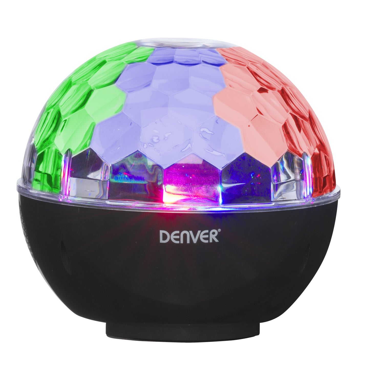 Denver Bluetooth-højttaler, sort kuppelform, facetslebet top med grøn, blå og rød diskolys.