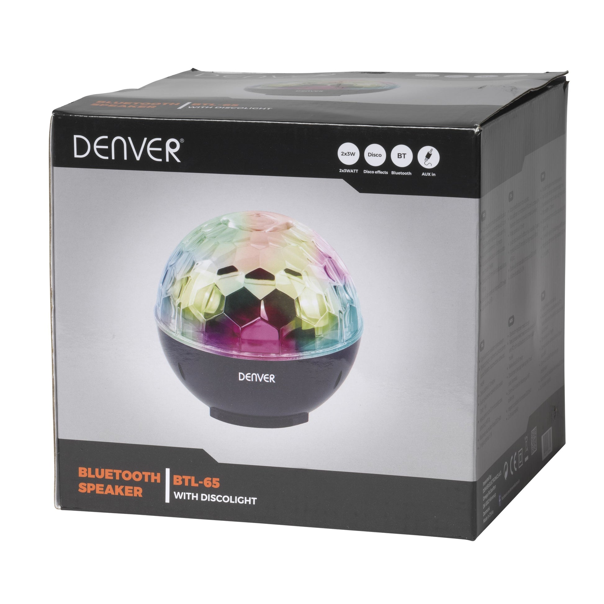 Denver Bluetooth-højttaler med diskolys, globeformet, flerfarvet LED, 2x3W, Bluetooth og AUX-indgang i original emballage.
