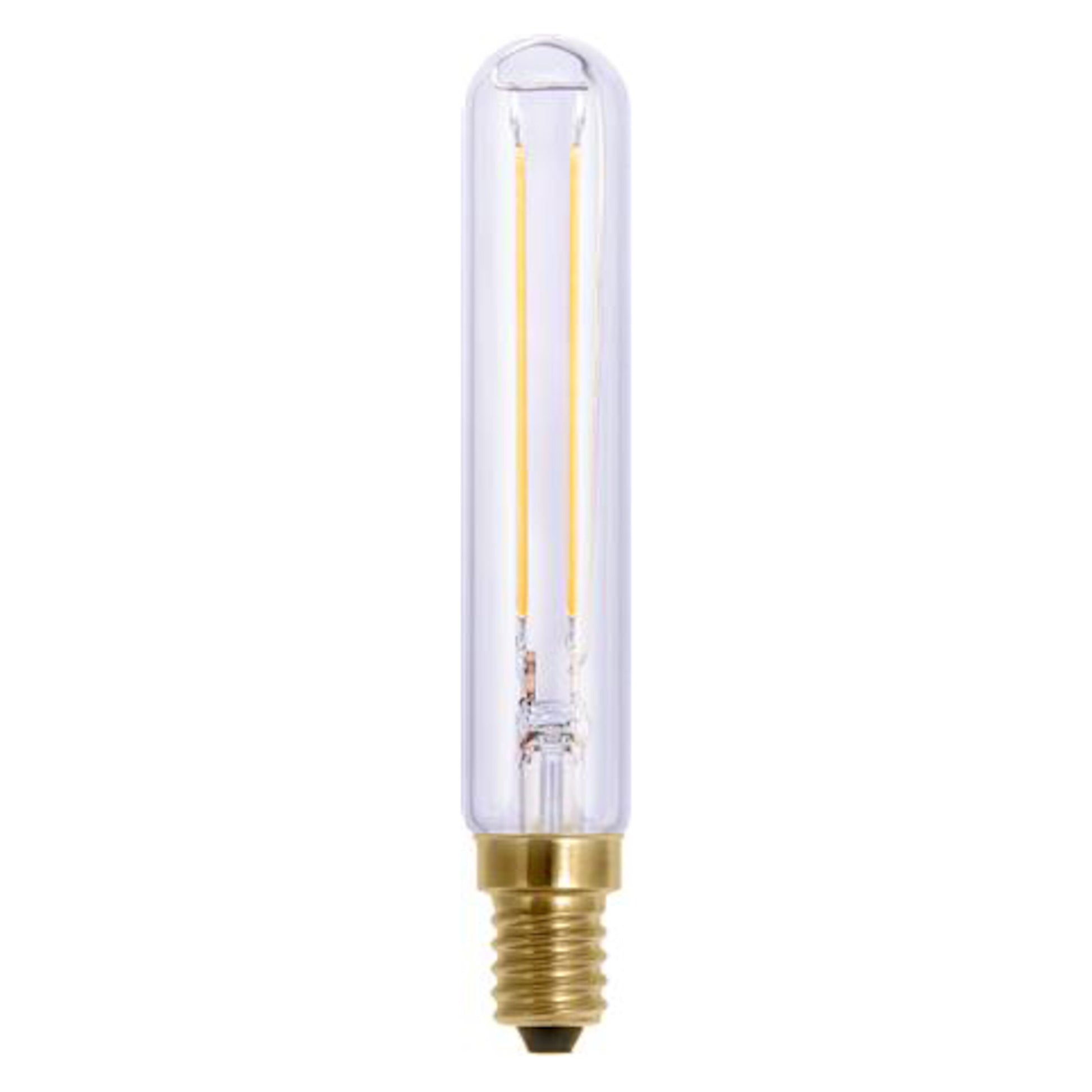 Dæmpbar LED-pære med filament E14 200 lm klar glas synlige filamenter messing skruebase.