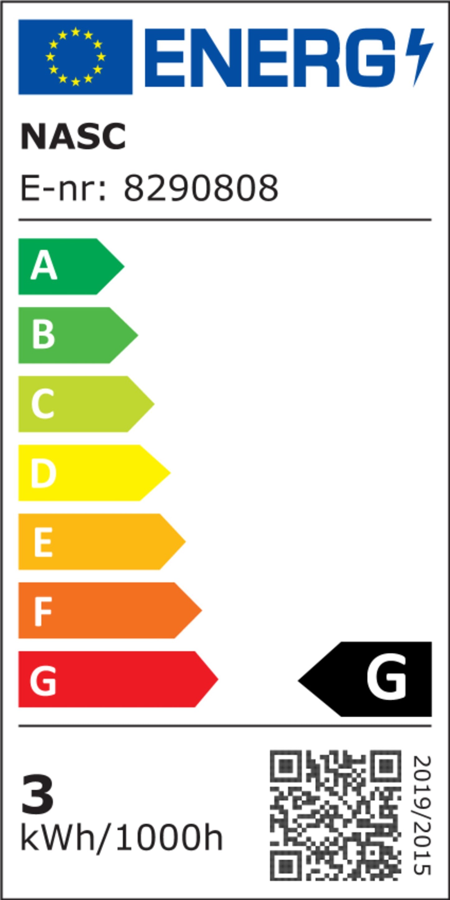 Energimærke for Narva dæmpbar LED filament E14 200lm (8290808), energiklasse G, 3kWh/1000h, QR-kode.
