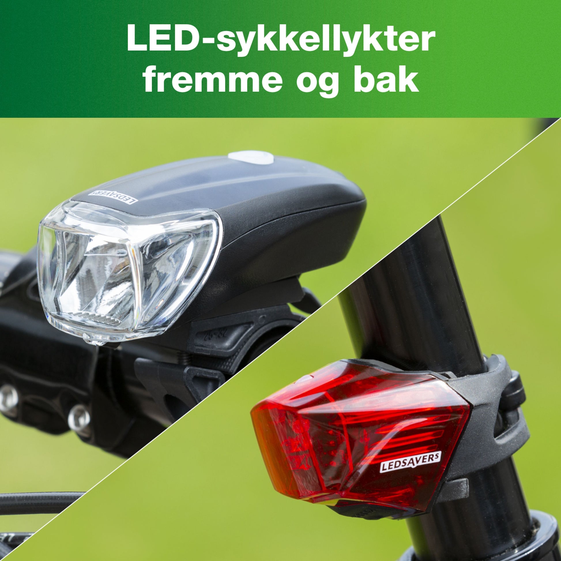 Ledsavers Cykellygter 130 lm, hvid frontlygte og rød baglygte på cykel, norsk tekst LED-sykellykter fremme og bak.