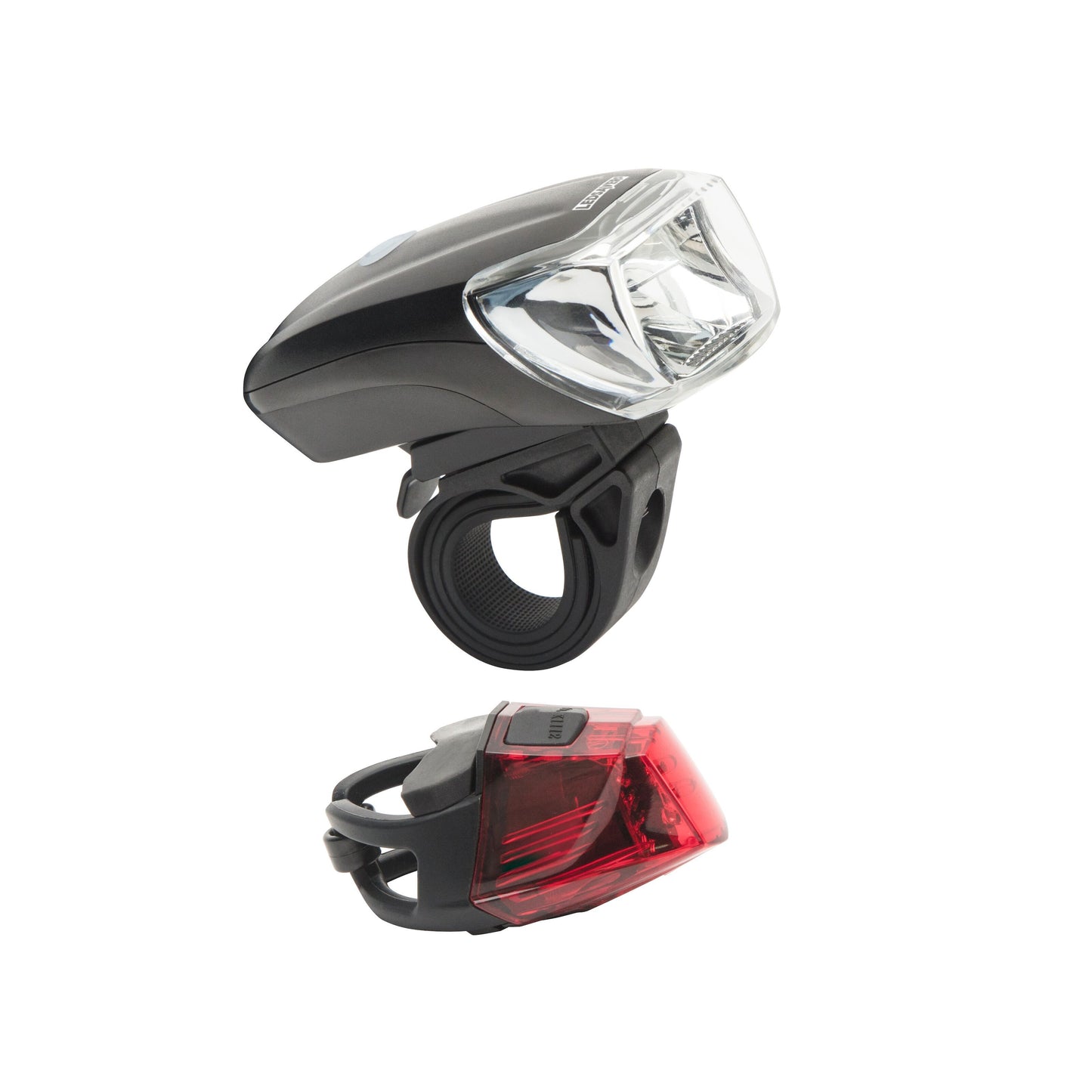 Ledsavers Cykellygter sæt 130 lm, sort frontlygte og sort/rød baglygte med klare linser og gummi monteringsstropper.